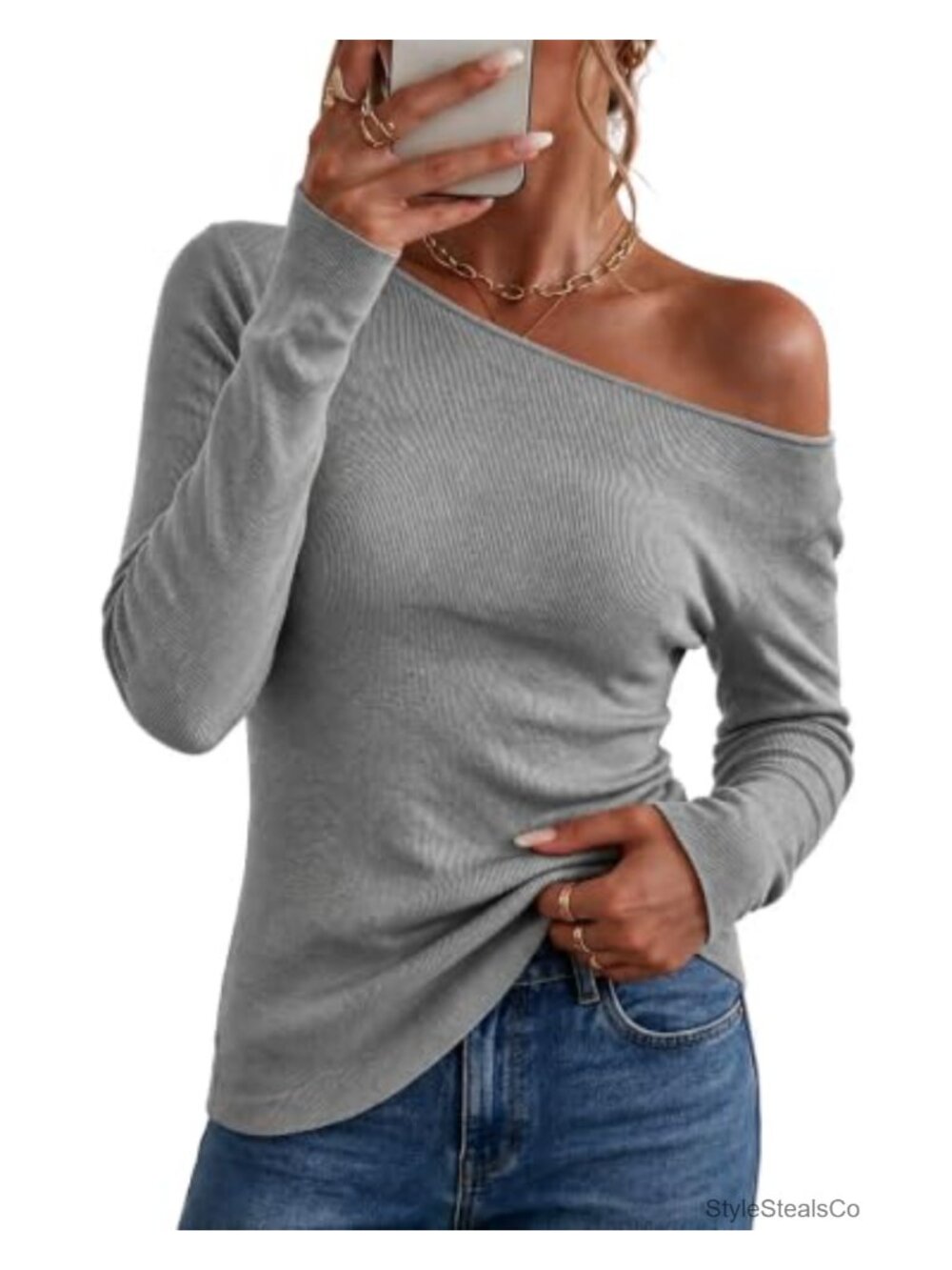 Wool Blend Off Shoulder Sweater Ruched Slim Fit Long Sleeve Pullover